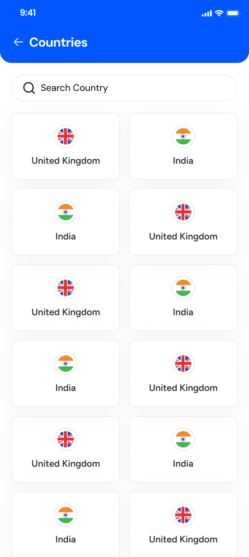Countries screen of the Numbox app