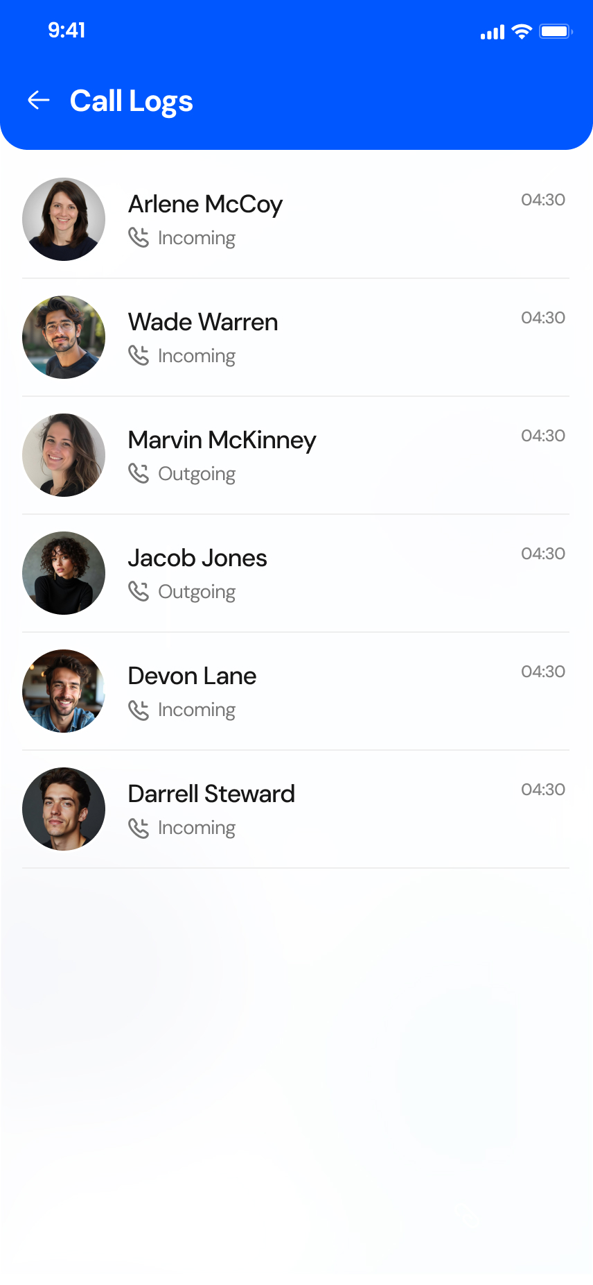 Call logs screen of the Numbox app