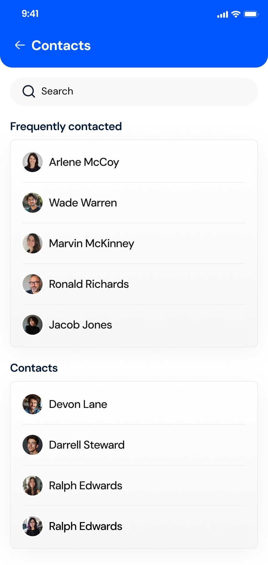Contacts screen of the Numbox app